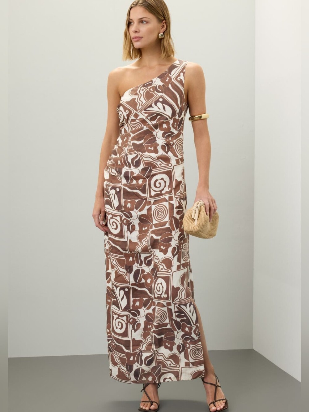 Mara Hoffman Hemp Enya One-Shoulder Brown & Cream Printed Maxi Dress 8